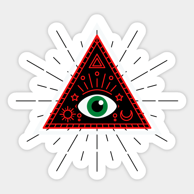 All Seeing eye - red and black with green eye Sticker by Just In Tee Shirts